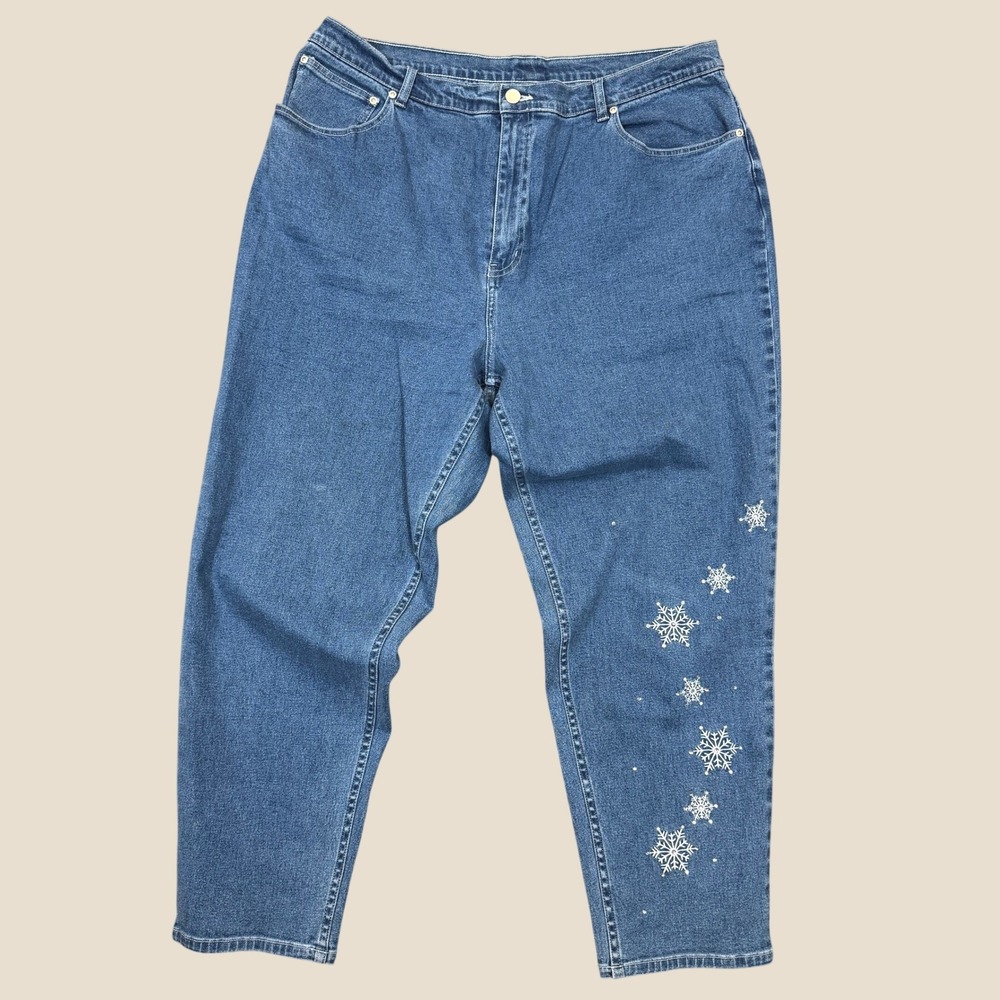 Quacker Factory Jeans Women 18 Blue Snowflake Rhinestone Embroidered Straight